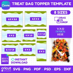 May include: A template for treat bag toppers with various sizes, including 16.5 x 6.4 cm and 15.2 x 5.1 cm. The design features a blue sky and green hills, with the text "YOUR DESIGN HERE" and "INSTANT DOWNLOAD".