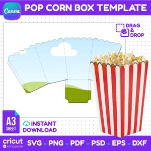 May include: A digital popcorn box template featuring a flat, unfolded design with a light blue sky, white cloud, and green grass pattern, alongside a three-dimensional, assembled popcorn box with vertical red and white stripes filled with popcorn.