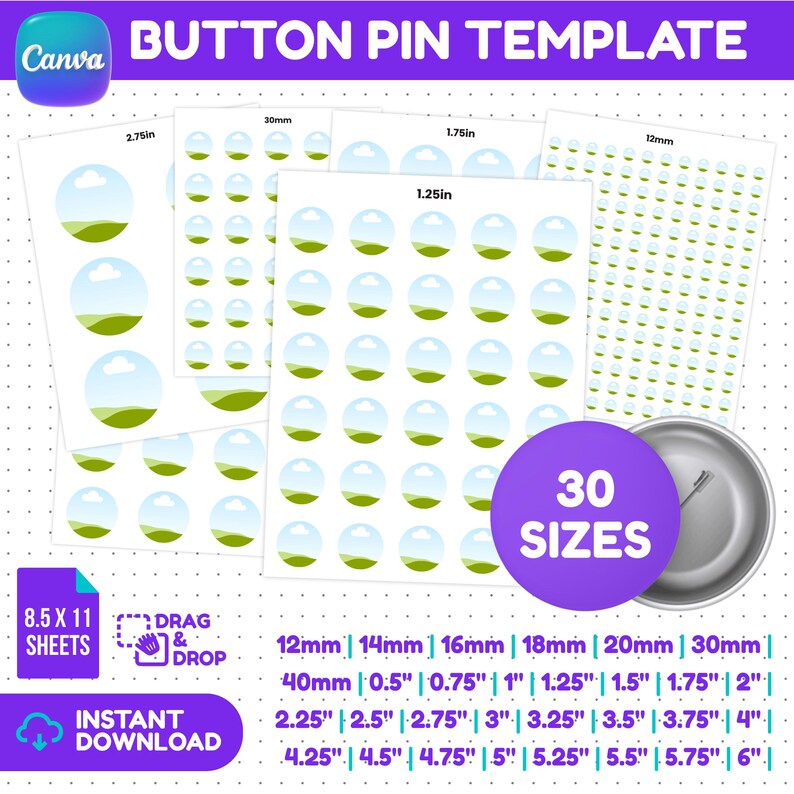 Button Pin Template Bundle, Editable Canva Svg Png Pdf Dxf, 30 Sizes ...