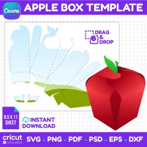 May include: A digital template for an apple-shaped box featuring a flat layout with dashed fold lines and a finished 3D red apple box with a green leaf. The design includes text reading APPLE BOX TEMPLATE, DRAG & DROP, and 8.5 X 11 SHEET.