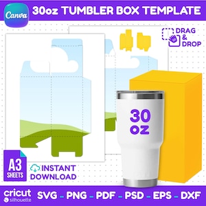 May include: A 30oz tumbler box template featuring a digital layout with a light blue and green landscape design, a yellow box mockup, and a white 30oz tumbler with purple text. The graphic includes text reading 30oz TUMBLER BOX TEMPLATE, DRAG & DROP, A3 SHEETS, INSTANT DOWNLOAD, SVG, PNG, PDF, PSD, EPS, DXF.