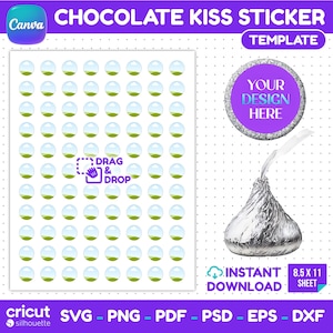 May include: A digital template for chocolate kiss stickers featuring a grid of circular placeholders with a drag and drop icon. Includes a sample purple circular sticker design and a silver foil-wrapped chocolate kiss on an 8.5 by 11 inch sheet.