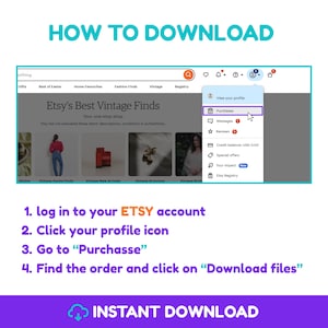 May include: A guide on downloading files from Etsy, displayed on a computer screen. The steps are numbered and include logging in, clicking the profile icon, selecting "Purchases," and downloading files. The words "INSTANT DOWNLOAD" are at the bottom.