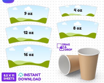Paper Cup Wrapper Template Bundle, 5 Sizes, Drag & Drop, Editable Canva (svg, png, pdf, eps, dxf, psd), Instant Download