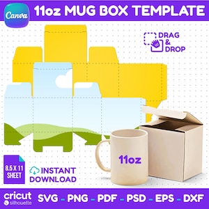 May include: A digital 11oz mug box template featuring a yellow die-cut layout and a blue and green landscape design. Includes a beige mug with 11oz text, a matching beige box, and labels for 8.5 x 11 sheet, instant download, and file formats.