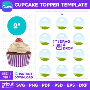 2 inch Cupcake topper template , editable Canva (svg, png, pdf, psd, eps, dxf), printable party decor instant download