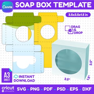 May include: A digital soap box template featuring a flat layout in green and yellow with a circular cutout, alongside a 3D white box with a circular window. Text includes SOAP BOX TEMPLATE, 3.5x3.5x1.5 in, DRAG & DROP, and A3 SHEET.