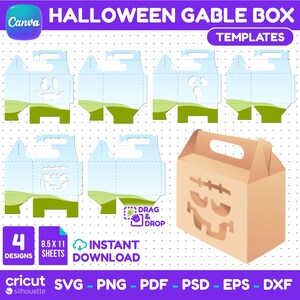 Può includere: Un set di modelli digitali per scatole regalo di Halloween con quattro design distinti. Il set include modelli di taglio piatti con volti ritagliati e un esempio 3D di una scatola color marrone chiaro. Testo: HALLOWEEN GABLE BOX TEMPLATES.