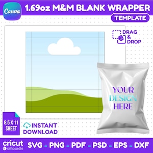 Könnte beinhalten: Eine 1,69 oz M&M Blanko-Verpackungsvorlage für ein 8,5 x 11 Zoll Blatt. Die digitale Datei zeigt eine Landschaftsgrafik mit blauem Himmel, weißer Wolke und grünen Hügeln sowie ein weißes Snacktüten-Modell mit dem Text YOUR DESIGN HERE.