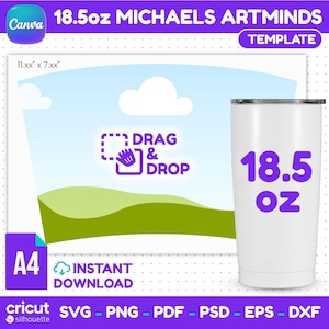 Könnte beinhalten: Ein weißer 524 ml Becher mit silbernem Rand, mit dem Text "18.5 OZ" in Lila. Das Bild enthält ein Vorlagendesign mit den Worten "DRAG & DROP" und "INSTANT DOWNLOAD". Die Vorlagengröße beträgt 28 cm x 18 cm.