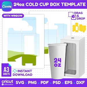 May include: A digital 24oz cold cup box template featuring a white cup with a straw and a box with a clear window. The design includes text reading 24oz COLD CUP BOX TEMPLATE, WITH WINDOW, DRAG & DROP, INSTANT DOWNLOAD, A3 SHEETS, SVG, PNG, PDF, PSD, EPS, DXF.