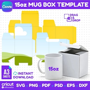 Muggask SVG-mall, 15oz kaffemugg presentask, utskrivbar DIY-askmall, Cricut Cut-fil, tom PNG Canva-mall, direktnedladdning