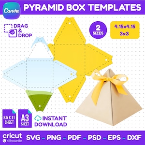 May include: Pyramid box templates featuring a light blue and yellow flat die-cut design, a finished tan pyramid box with a yellow ribbon, and text including "PYRAMID BOX TEMPLATES," "2 SIZES," "4.15x4.15," "3x3," "8.5x11 SHEET," "A3 SHEET," and "INSTANT DOWNLOAD."