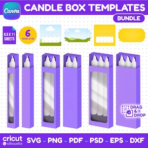 May include: A digital bundle of six candle box templates featuring purple rectangular packaging with clear windows, designed for 8.5 x 11 inch sheets. Includes various flat layout designs and 3D mockups for candles, compatible with SVG, PNG, PDF, PSD, EPS, and DXF formats.