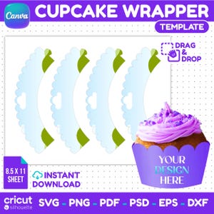 May include: A digital cupcake wrapper template featuring four light blue scalloped-edge cutouts on an 8.5 x 11 inch sheet. A finished purple cupcake wrapper with the text YOUR DESIGN HERE is shown alongside a cupcake with purple frosting.