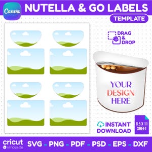 May include: A digital template sheet for Nutella & Go labels featuring multiple rectangular and semi-circular frames with a blue sky and green hill graphic. Includes a preview of a snack container with the text YOUR DESIGN HERE and file formats.