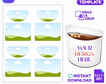 May include: A digital template sheet for Nutella & Go labels featuring multiple rectangular and semi-circular frames with a blue sky and green hill graphic. Includes a preview of a snack container with the text YOUR DESIGN HERE and file formats.
