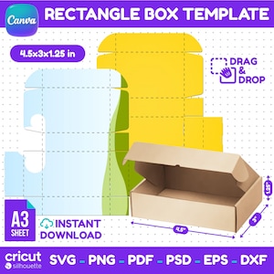 May include: A tan rectangle box template with dimensions of 4.5 x 3 x 1.25 inches, with a layout diagram and a separate yellow template. The image includes the text "RECTANGLE BOX TEMPLATE", "DRAG & DROP", and "INSTANT DOWNLOAD".