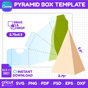 May include: A pyramid box template design with the text "PYRAMID BOX TEMPLATE". The design includes a 7 cm x 15 cm pyramid shape and a flat, unfolded template. The design also includes the text "DRAG & DROP", "INSTANT DOWNLOAD", and "8.5 X 11 SHEET".