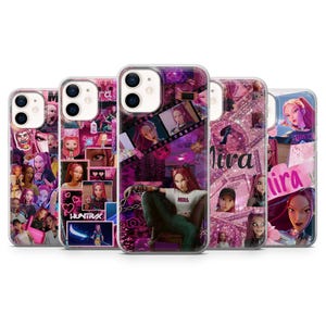 May include: Five smartphone cases with vibrant pink and purple designs. Each case showcases a unique collage of images, portraits, and text. The cases are designed to fit a smartphone, offering both protection and style.