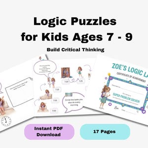 Op de afbeelding: Logische puzzels voor kinderen van 7-9 jaar, ontworpen om kritisch denken te bevorderen. De afbeelding toont voorbeeldpagina's met illustraties en tekst, waaronder een certificaat van prestatie. Het product is beschikbaar als direct PDF-download.