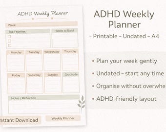ADHD Weekly Planner Printable | Simple Weekly Overview | Undated | Instant Download