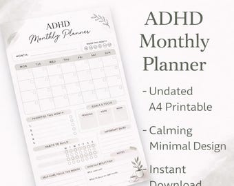 ADHD Monthly Planner Printable A4 | Undated Habit Tracker & Reflection | Minimal Productivity Planner | Digital Download