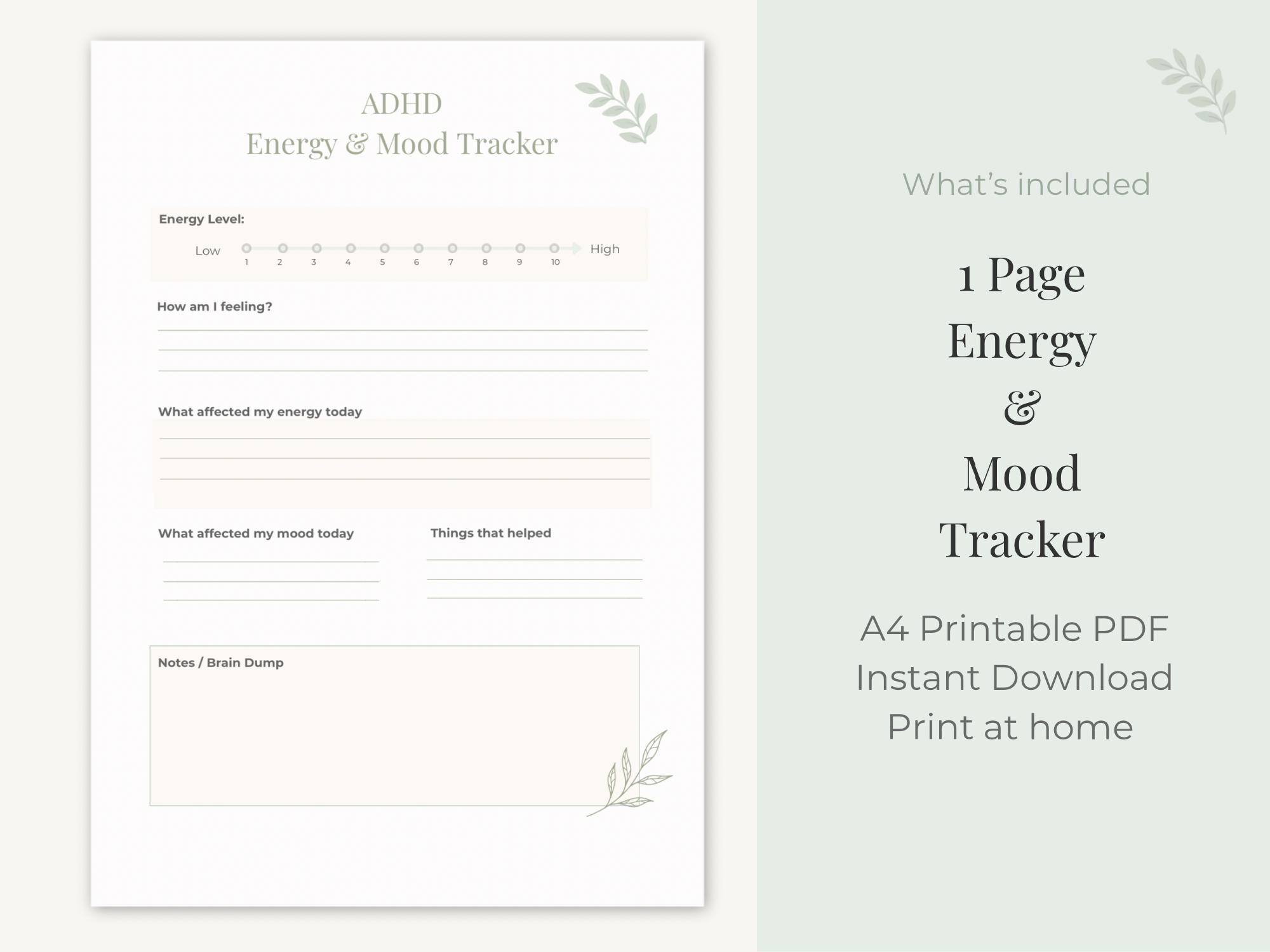 Energy & Mood Tracker Printable | ADHD Mood Tracker | Daily Energy ...