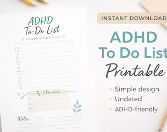 ADHD To Do List Printable | Simple Daily Task List | Undated | Instant Download