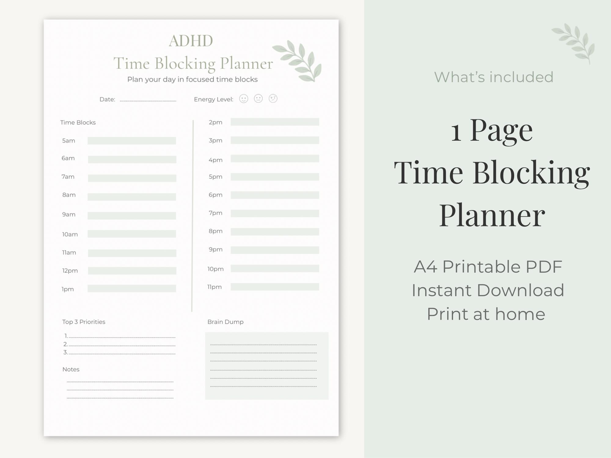 ADHD Time Blocking Planner Printable | Daily Schedule, Productivity PDF ...