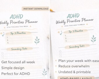 ADHD Weekly Priorities Planner Printable | Simple Weekly Focus | Undated | Instant Download