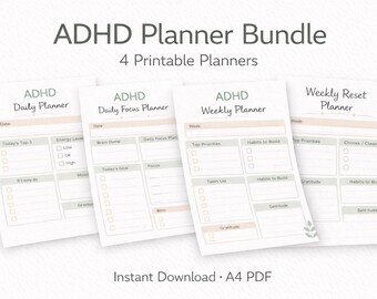 ADHD Planner Bundle | Daily, Weekly Focus & Reset Planners | A4 Printable, Undated