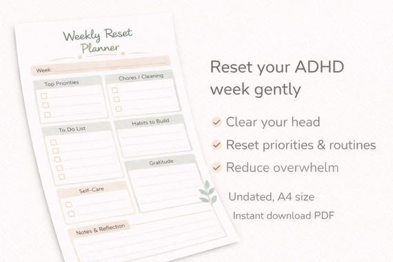 ADHD Weekly Reset Planner Printable | Reduce Overwhelm | Instant Download