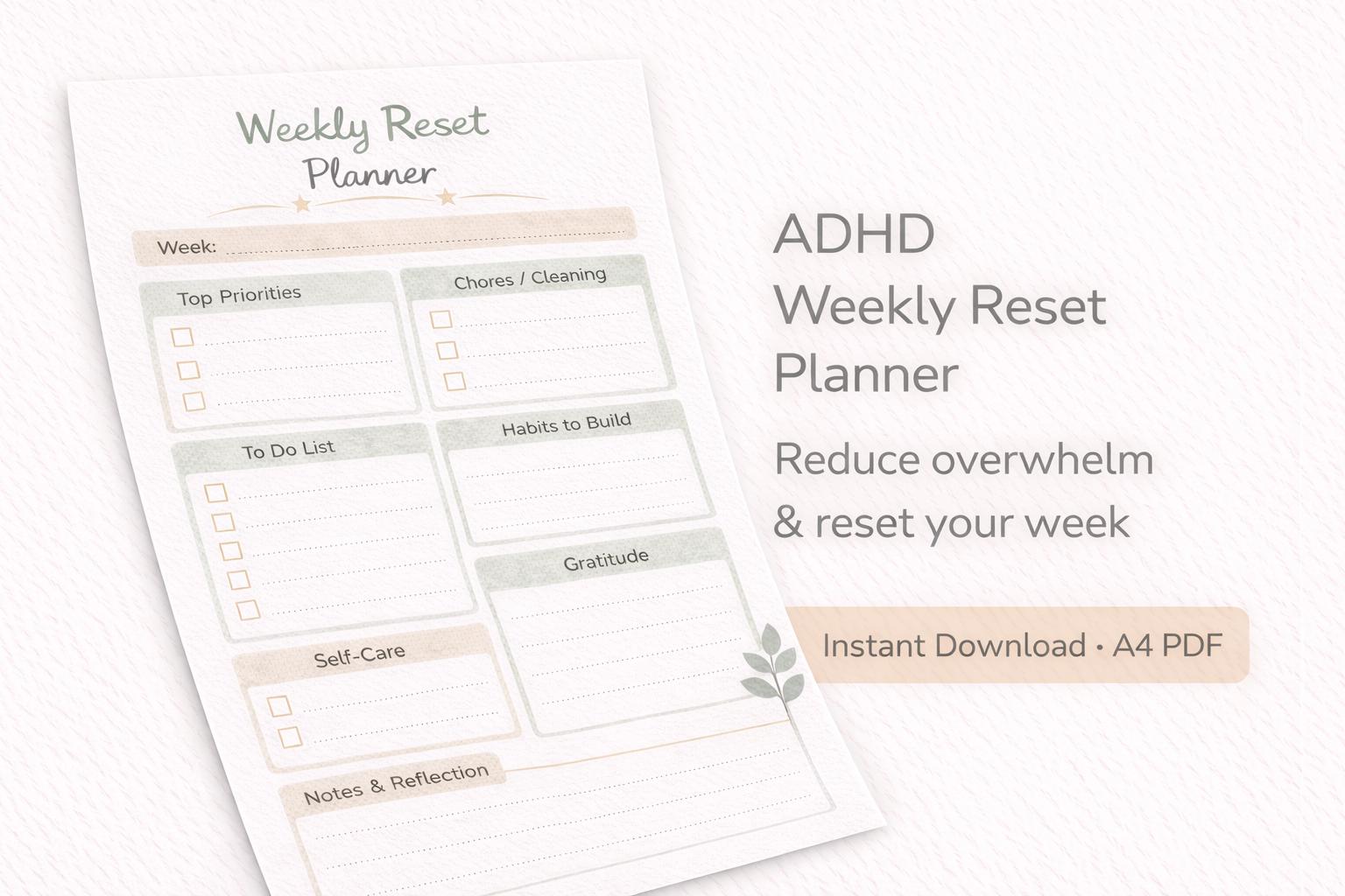 ADHD Weekly Reset Planner Printable | Reduce Overwhelm | Instant ...
