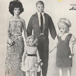 May include: A vintage book cover titled "Garments for Fashion Model Dolls" with illustrations of dolls in knitted outfits. The cover includes text such as "Simple Instructions for Hand Knitted Garments" and "Styled by Hilde."