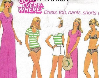 Teeny Bikini and Summer Separates Maxi Dress, T Shirt, Short Shorts and Pants Simplicity 7526 Bust 34 Vintage 70s Sewing Pattern