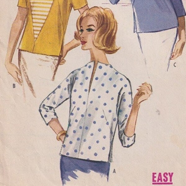 Vintage Sewing Pattern McCalls 5793 Misses 1960s Blouse Pattern Kimono or Raglan Sleeve Pullover Tops Neck & Sleeve Options Bust 36