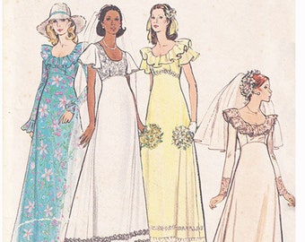 On Sale! 70s Wedding Dress Pattern Butterick 3491 Bust 32.5 Bridal Gown, Bridesmaid, Dress with Train Ruffle Neckline Vintage Sewing Pattern