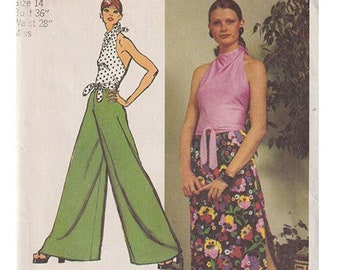 70s Palazzo Pants and Halter Wrap Top Simplicity 5305 Stretch Knit Top with Cowl and Front Tie Bust 36 Super Jiffy Vintage Sewing Pattern