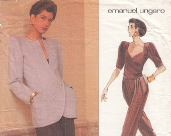 90s Vogue Pattern 2487 Jacket Top and Pants Emanuel Ungaro Size 12 Bust 34 Heart Shape Neckline/Pleated Pants/High Fashion Uncut Pattern