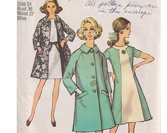 60s Shift Dress and Coat Set Simplicity 8591 Size 14 Bust 36 Vintage Sewing Pattern A Line Dress / Raglan Sleeve Coat / Front Panel Block