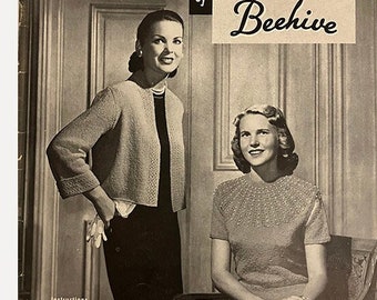 1940s Styles by Beehive Knitting Patterns Series 59 Surplice Sweater, Dresses, Swing Jacket, Embroidered Sweater, Barrel Sleeves