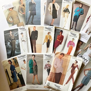May include: A collection of vintage Vogue and DKNY sewing patterns featuring fashion illustrations. The patterns showcase various styles, including dresses, suits, and jackets. The covers display models in colorful outfits, offering a glimpse into past fashion trends.