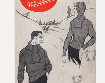 Vintage 1950s Bouquet Knitting Pattern 67 Polar Quick Knit Mr and Mrs Ski Sweaters with Bonnet or Scarf