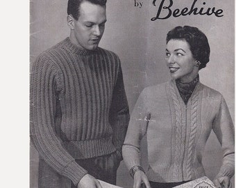 Vintage 50s Knitting Patterns Beehive Booklet 69 Mens and Womens Sportswear Fashion Tennis, Skiing, Skating Knitwear Hats Mitts