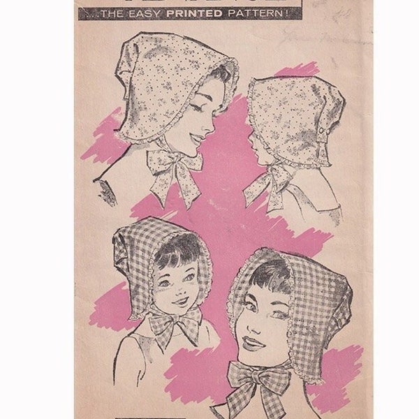 Vintage 40s Fácil de coser Gorros Centenarios Patrón de costura avanzada 716 / Madre e hija / Abre plano / Botón hacia atrás / Cierre de corbata