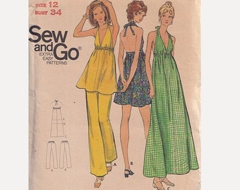 1970s Butterick Sew and Go Pattern 6655 Halter Dress or Top in 3 Lengths and Flared Pants Size 12 Bust 34 High Waist /Unused Sewing Pattern