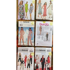 May include: A selection of vintage sewing patterns from Butterick and Burda Style. The patterns showcase illustrations of dresses, jumpsuits, and other garments. The covers feature models wearing the finished designs, with various styles and sizes available.