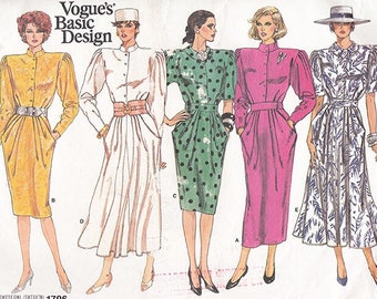 Vintage 1980s Dress Sewing Pattern Vogue 1796 Size 10 Bust 32.5 Pleated Dress Flared or Peg Shape Extended Shoulders Standing Collar