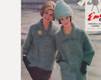 50s Emu Knitting Pattern 2300 Mohair Coat, Jacket and Beehive Hat Bust 34 36 38 40 Vintage Knitting Pattern